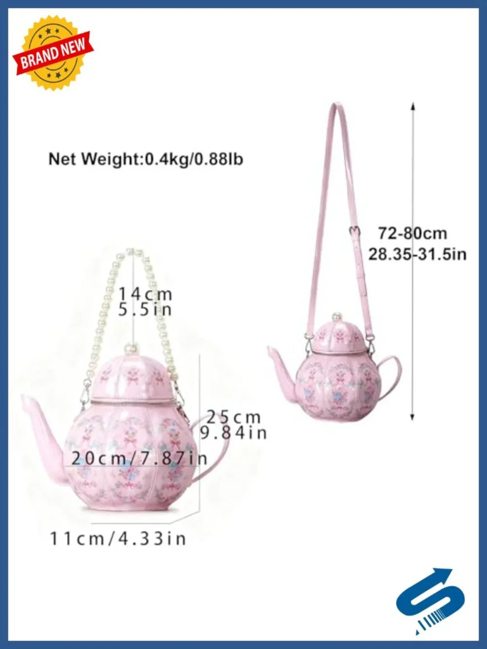 Teapot Shaped Crossbody Bag for Women | PU Leather Floral Purse with Pearl Chain